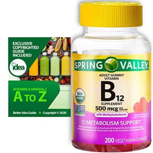 vitamin b12 organic vegetarian gummies, metabolism support with methylcobalamin by spring valley, 500 mcg, 200 ct (1 pack) + “vitamins & minerals –  a to z – better idea guide©”