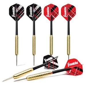 franklin sports steel tip darts set – 6 pack of 18 gram steel darts – removable standard nylon flights and brass barrels – lightweight full dart set, red/black