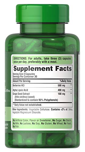 Puritans Pride Berberine, Alpha Lipoic Acid & Grape Seed, Promotes Antioxidant Support, 90 Vegetable Capsules