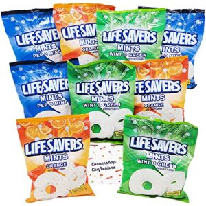 lifesavers hard candy mints 9 bag bulk variety pack – 3 flavors – wint o green, orange, pep o mint – 450 pieces total – in cornershop confections box – for parties, holidays, car, purse, lunch box mints