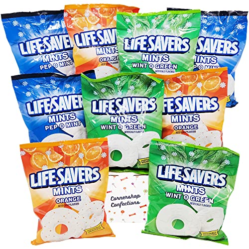 Lifesavers Hard Candy Mints 9 Bag Bulk Variety Pack - 3 Flavors - Wint O Green, Orange, Pep O Mint - 450 Pieces Total - In Cornershop Confections Box - For Parties, Holidays, Car, Purse, Lunch Box Mints