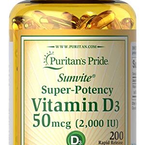 Vitamin D3 50mcg (2,000 IU) Bolsters Immune Health by Puritan's Pride for Support of Immune Health and Healthy Bones and Teeth 200 Softgels