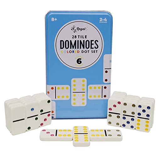 Regal Games - Double 6 Dominoes - Colored Dots Set - Fun Family-Friendly Dominoes Game - Includes 28 Tiles & Collector’s Tin - Ideal for 2-4 Players Ages 8 for Kids and Adults