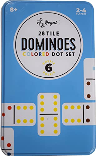 Regal Games - Double 6 Dominoes - Colored Dots Set - Fun Family-Friendly Dominoes Game - Includes 28 Tiles & Collector’s Tin - Ideal for 2-4 Players Ages 8 for Kids and Adults