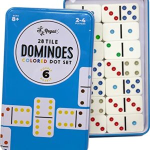 Regal Games - Double 6 Dominoes - Colored Dots Set - Fun Family-Friendly Dominoes Game - Includes 28 Tiles & Collector’s Tin - Ideal for 2-4 Players Ages 8 for Kids and Adults