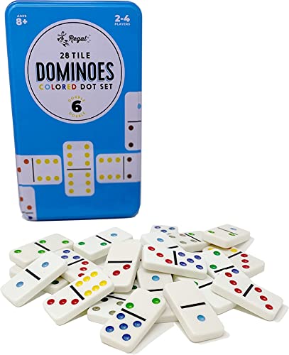 Regal Games - Double 6 Dominoes - Colored Dots Set - Fun Family-Friendly Dominoes Game - Includes 28 Tiles & Collector’s Tin - Ideal for 2-4 Players Ages 8 for Kids and Adults