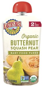 earth’s best organic baby food pouches, stage 2 fruit and vegetable puree for babies 6 months and older, organic butternut squash and pear puree, 4 oz resealable pouch