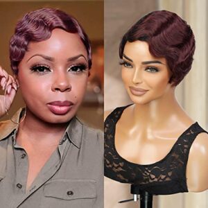 instant fab finger wave human hair wigs for black women short curly remi human hair wig pixie cut wigs nuna wigs non lace front wigs (ot1b/99j)