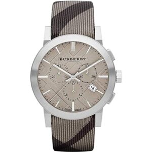 sale! authentic burberry the city luxury unisex mens womens chronograph watch smoke check fabric backed leather band tan engraved date dial bu9358