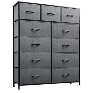 wlive 11-drawer dresser, fabric storage tower for bedroom, hallway, nursery, closets, tall chest organizer unit with textured print fabric bins, steel frame, wood top, easy pull handle, dark grey