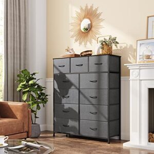 WLIVE 11-Drawer Dresser, Fabric Storage Tower for Bedroom, Hallway, Nursery, Closets, Tall Chest Organizer Unit with Textured Print Fabric Bins, Steel Frame, Wood Top, Easy Pull Handle, Dark Grey