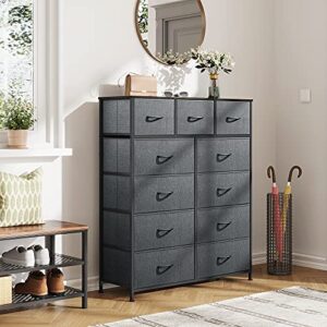 WLIVE 11-Drawer Dresser, Fabric Storage Tower for Bedroom, Hallway, Nursery, Closets, Tall Chest Organizer Unit with Textured Print Fabric Bins, Steel Frame, Wood Top, Easy Pull Handle, Dark Grey