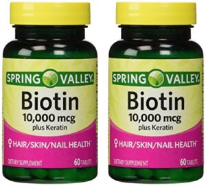 spring valley 10000mcg biotin with 100mg keratin dietary supplement, 60 tablets (pack of 2)