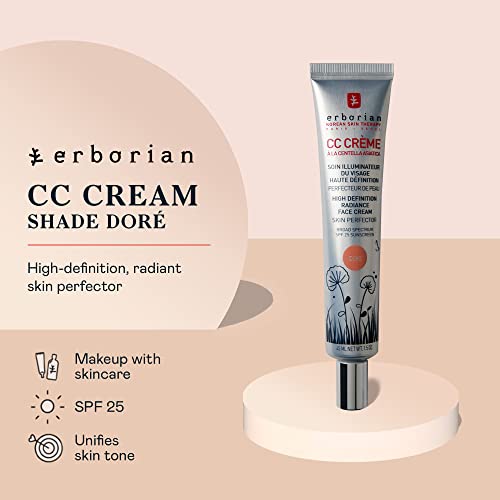 Erborian Color Correcting CC Cream with Centella Asiatica, Tan (Dore) - Light Multi-Purpose Facial Concealer with Illuminating Finish Soothes & Hydrates - SPF Korean Skincare Skin Perfector - 1.5 Oz