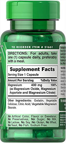 Puritans Pride Triple Magnesium Complex 400 Mg Rapid Release Capsules, 60 Count