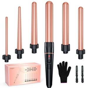 long barrel wand curling iron – bestope pro 6 in 1 curling wand set with ceramic barrel for long hair, 0.35″-1.25″ interchangeable curling iron wand, dual voltage wand curler, include glove & clips