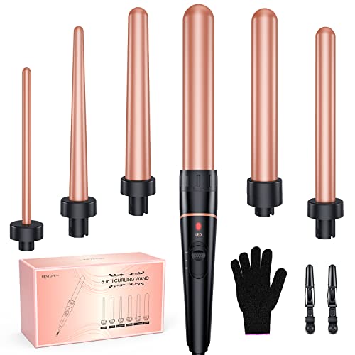 Long Barrel Wand Curling Iron - BESTOPE PRO 6 in 1 Curling Wand Set with Ceramic Barrel for Long Hair, 0.35"-1.25" Interchangeable Curling Iron Wand, Dual Voltage Wand Curler, Include Glove & Clips