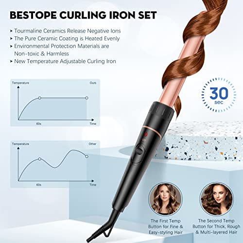 Long Barrel Wand Curling Iron - BESTOPE PRO 6 in 1 Curling Wand Set with Ceramic Barrel for Long Hair, 0.35"-1.25" Interchangeable Curling Iron Wand, Dual Voltage Wand Curler, Include Glove & Clips