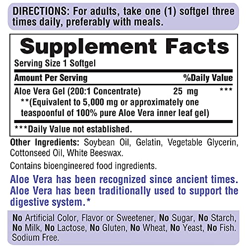 Puritans Pride Aloe Vera Extract 25mg (5000mg equivalent) Softgels, 200 Count (Packaging may vary)