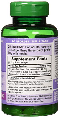 Puritans Pride Aloe Vera Extract 25mg (5000mg equivalent) Softgels, 200 Count (Packaging may vary)