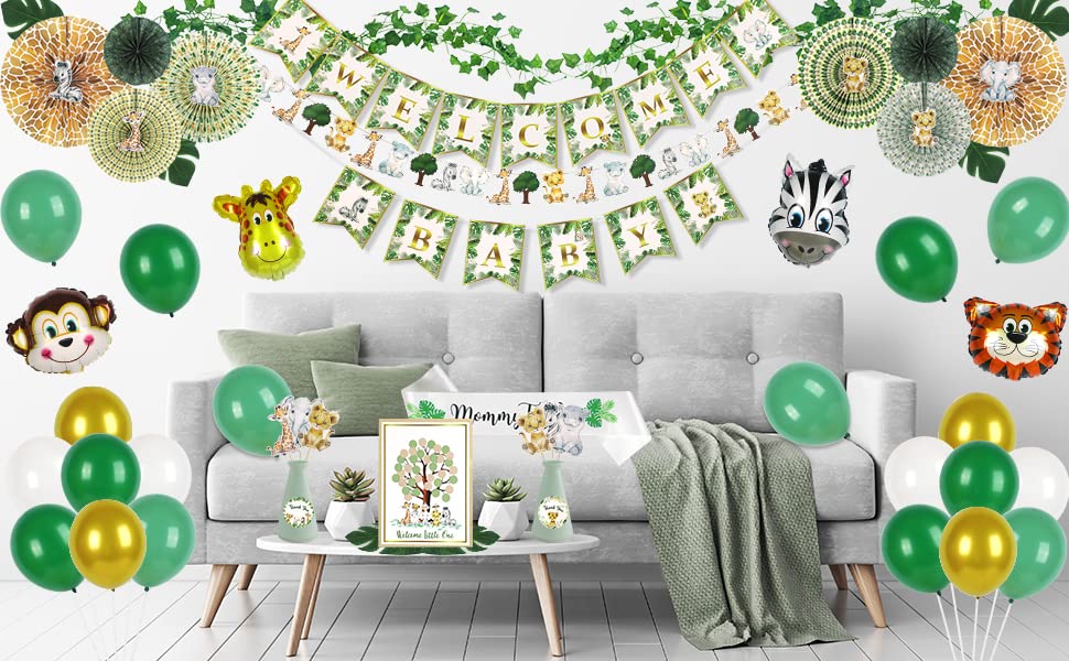 270 Piece Jungle Safari Baby Shower Decorations for Boy Or Girl Kit | Gender Neutral Animal Decor | Banners Garland Fans Guestbook Sash Balloons Cake Topper Games Stickers Creature Cutouts Ivy Vines
