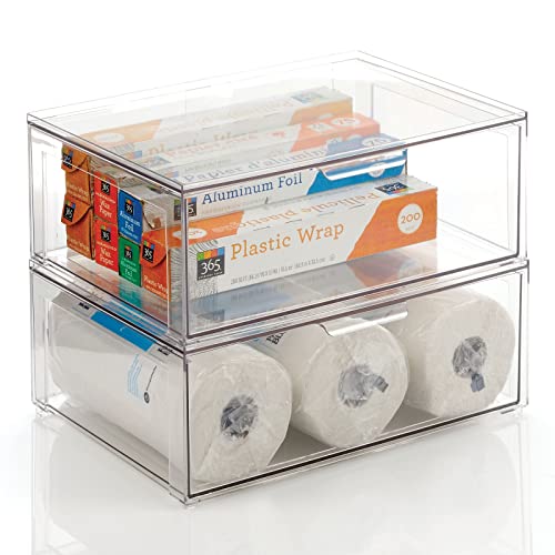 mDesign Plastic Stackable Kitchen Storage Organizer Bins with Pull Out Drawer for Cabinet, Pantry, Fridge, Freezer, Shelf, Refrigerator Organization - Lumiere Collection - 2 Pack - Clear