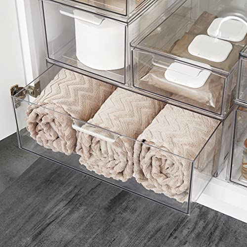 mDesign Plastic Stackable Kitchen Storage Organizer Bins with Pull Out Drawer for Cabinet, Pantry, Fridge, Freezer, Shelf, Refrigerator Organization - Lumiere Collection - 2 Pack - Clear