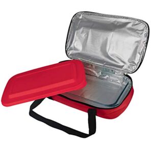 Le Regalo HW1236 Glass Casserole with Insulated Bag, Ideal for Picnic, Potluck, Hiking & Beach Trip-Retains Hot and Cold Temperature of Food, 14"x8.5"x2.75" Red