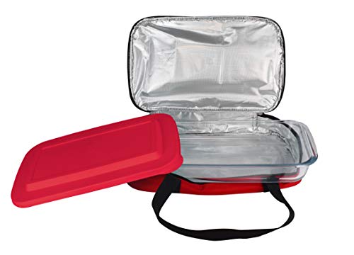 Le Regalo HW1236 Glass Casserole with Insulated Bag, Ideal for Picnic, Potluck, Hiking & Beach Trip-Retains Hot and Cold Temperature of Food, 14"x8.5"x2.75" Red