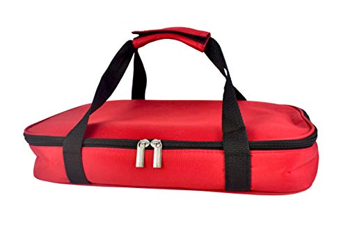 Le Regalo HW1236 Glass Casserole with Insulated Bag, Ideal for Picnic, Potluck, Hiking & Beach Trip-Retains Hot and Cold Temperature of Food, 14"x8.5"x2.75" Red