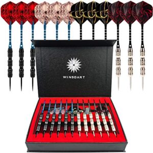 winsdart adkx steel tip darts 12 pack set with nonslip iron barrel aluminum dart shafts and flights + darts sharpener + an gift box(shape a)