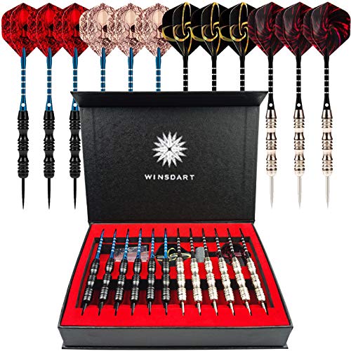 WINSDART ADKX Steel Tip Darts 12 Pack Set with Nonslip Iron Barrel Aluminum Dart Shafts and Flights + Darts Sharpener + an Gift Box(Shape A)