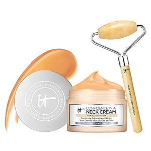 it cosmetics smooth & tighten skincare set – includes confidence in a neck cream (2.6 oz) + heavenly luxe neck & face roller – firming moisturizer – with elastin, collagen & hyaluronic acid