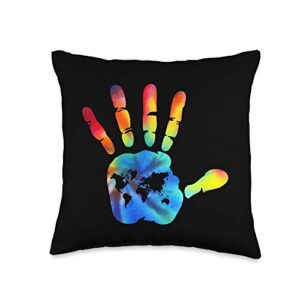 best places on earth world map handprint tie dye travel art wanderlust throw pillow, 16×16, multicolor