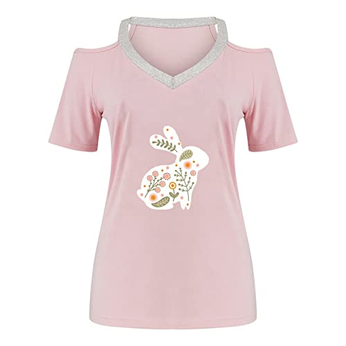 Women Cold Shoulder V-Neck Short Sleeve Loose Fit Summer Shirt Cute Graphic Print Blouse Slim FIt Easter Tops Pink