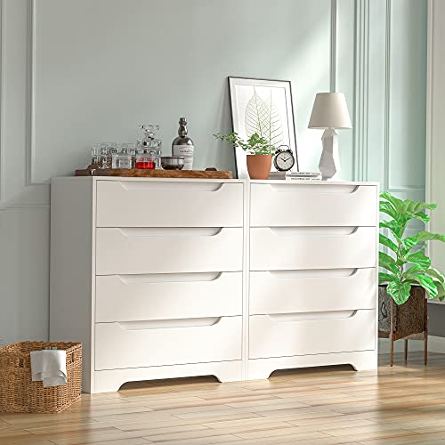 Cozy Castle 4 Drawer Chest, Mid Century Nightstand with Cutout Handle, Accent Drawer Dresser, Wood Storage Cabinet with Drawers for Bedroom Living Room Home Office Entry, White