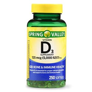 spring valley vitamin d3 softgels, 5000 iu, 250 count bottle