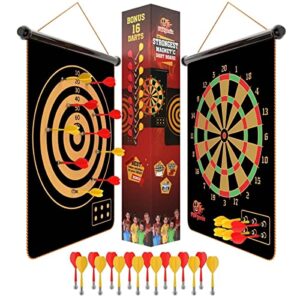 fungenix magnetic dart board for kids – indoor outdoor darts game, 16pcs magnetic darts, double sided board games set, best toys gifts for teenage age 5 6 7 8 9 10 11 12 13 14 15 16 years old boys