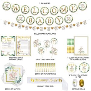 252 PC Elephant Theme Baby Shower Decorations for Boy or Girl Kit -Gender Neutral Welcome Baby Banners Garland Guestbook Sash Balloons Cake Topper Paper Decor Napkins Straws Games & Thank You Stickers