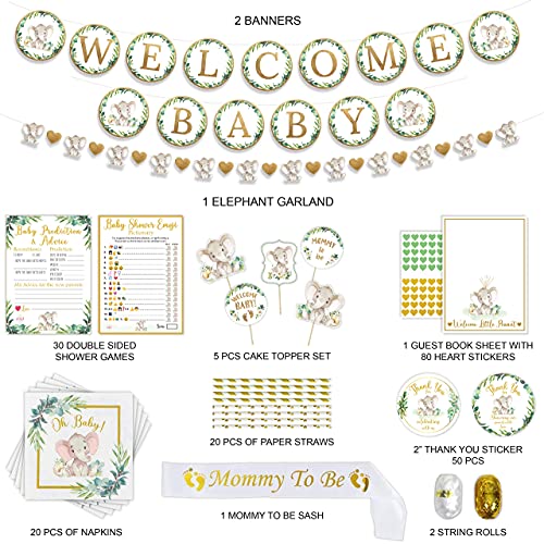 252 PC Elephant Theme Baby Shower Decorations for Boy or Girl Kit -Gender Neutral Welcome Baby Banners Garland Guestbook Sash Balloons Cake Topper Paper Decor Napkins Straws Games & Thank You Stickers