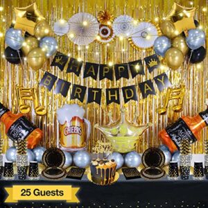 177 pc adult birthday party decorations kit for men & women – happy birthday banners curtains tablecloth balloons cake topper black and gold party supplies plates cups napkins straws – 25 guest & more