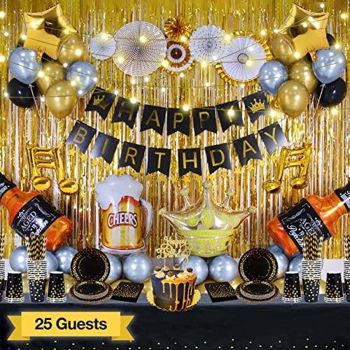 177 PC Adult Birthday Party Decorations Kit for Men & Women - Happy Birthday Banners Curtains Tablecloth Balloons Cake Topper Black and Gold Party Supplies Plates Cups Napkins Straws - 25 Guest & More