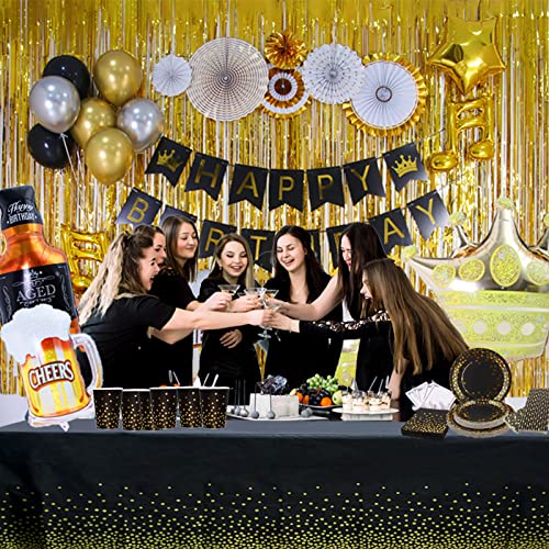 177 PC Adult Birthday Party Decorations Kit for Men & Women - Happy Birthday Banners Curtains Tablecloth Balloons Cake Topper Black and Gold Party Supplies Plates Cups Napkins Straws - 25 Guest & More