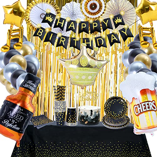 177 PC Adult Birthday Party Decorations Kit for Men & Women - Happy Birthday Banners Curtains Tablecloth Balloons Cake Topper Black and Gold Party Supplies Plates Cups Napkins Straws - 25 Guest & More