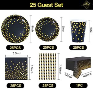 177 PC Adult Birthday Party Decorations Kit for Men & Women - Happy Birthday Banners Curtains Tablecloth Balloons Cake Topper Black and Gold Party Supplies Plates Cups Napkins Straws - 25 Guest & More