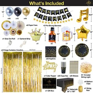 177 PC Adult Birthday Party Decorations Kit for Men & Women - Happy Birthday Banners Curtains Tablecloth Balloons Cake Topper Black and Gold Party Supplies Plates Cups Napkins Straws - 25 Guest & More