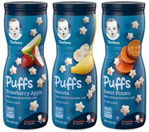 gerber puffs cereal snack variety pack – 1 strawberry apple, 1 banana, 1 sweet potato – 1.48 oz each (pack of 3)