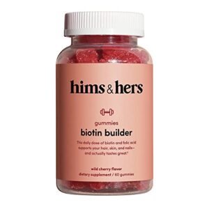 hims & hers biotin builder gummy vitamins with vitamins b12 and b6, vitamin d, gluten free, no artificial sweeteners or flavors, wild cherry flavor, 60 count