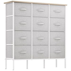 yitahome tall dresser with 12 drawers – fabric storage tower, organizer unit for bedroom, living room, hallway, closets & nursery – sturdy steel frame, wooden top & easy pull fabric bins (light gray)