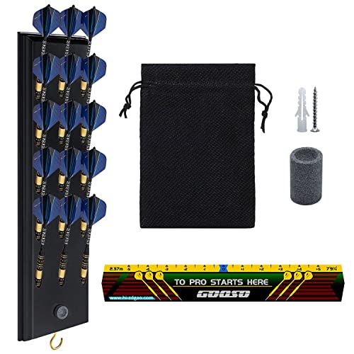 FDLS Wall Mounted Darts Holder Displaying 15pcs Steel Tip or Soft Tip Darts | Dart Caddy for Wall with Metal Hook, Come with Darts Throw Line Marker, Accessory Bag, and Darts Sharpener